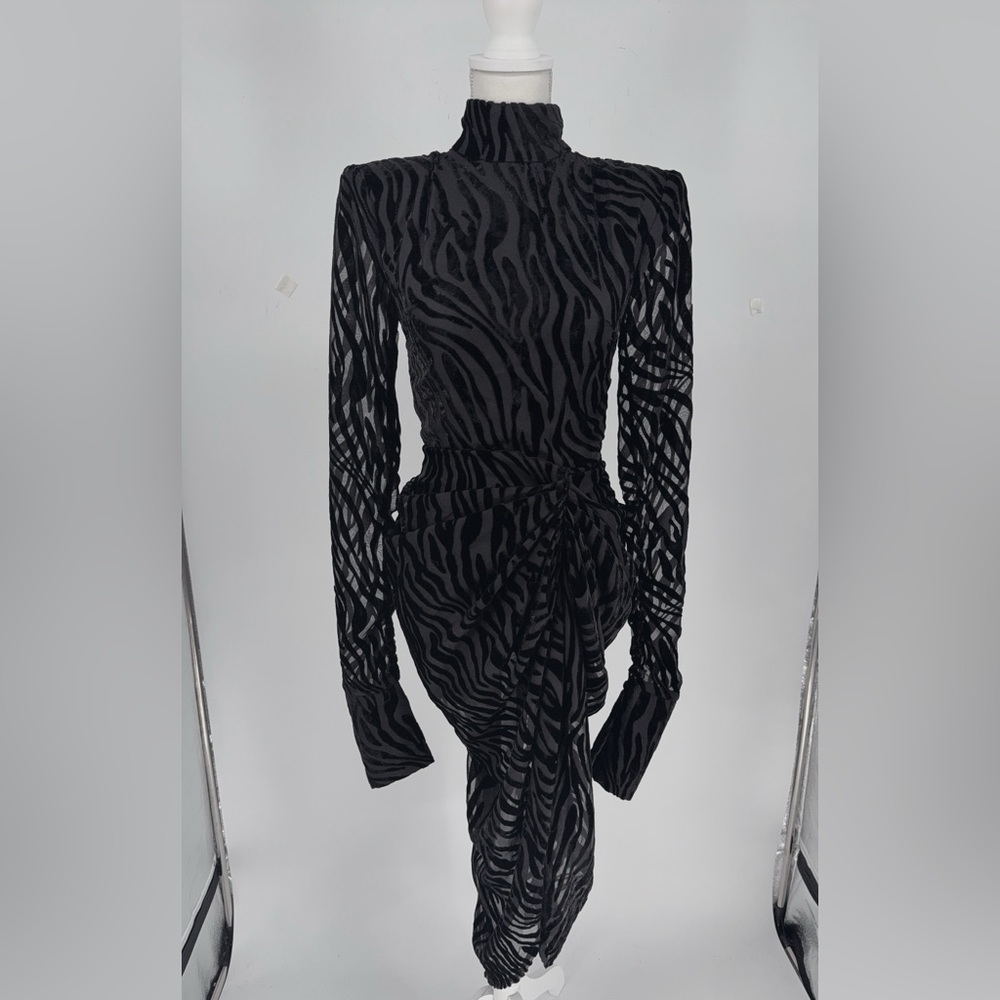 NWT🖤PrettyLittleThing Black Zebra Devore High Neck Draped Midi Dress Sz 4US - Picture 7 of 13